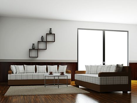 A room interior with a sofas and a table