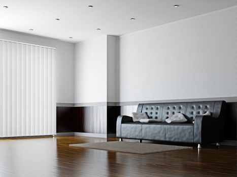 Black sofa with a white pillows near the wall