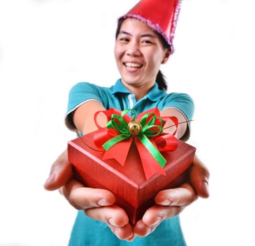 woman smile and hold gift box in hands Isolated on white background