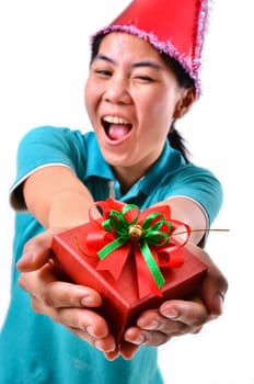 woman smile and hold gift box in hands Isolated on white background