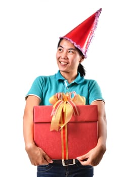 woman smile and hold gift box in hands Isolated on white background