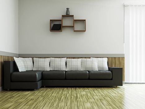 A room interior with a big leather sosa