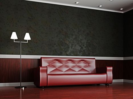 A room interior with a red leather sofa