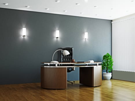 Large office with wooden furniture and window