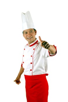chef gives thumbs up sign isolated on white background