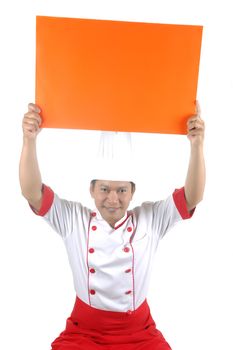 chef hold orange blank space isolated on white background