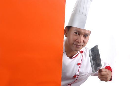 chef holding kitchen knife isolated on white background