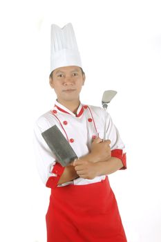 chef holding cooking utensils isolated on white background