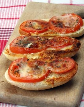 Italian bruschetta with tomato and cheese, shallow dof 