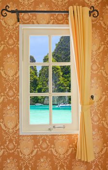 beautiful curtain on edge of a white window