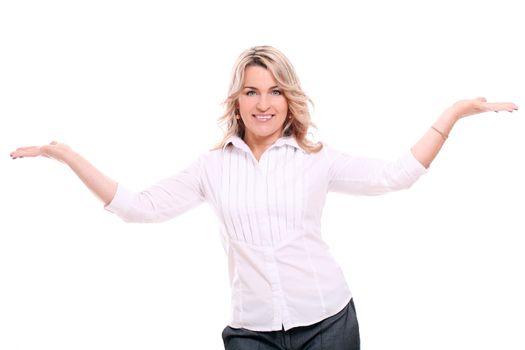 Portrait of 40 years old woman in office suit isolated on a white