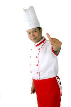 chef gives thumbs up sign isolated on white background