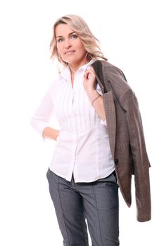 Portrait of 40 years old woman in office suit isolated on a white