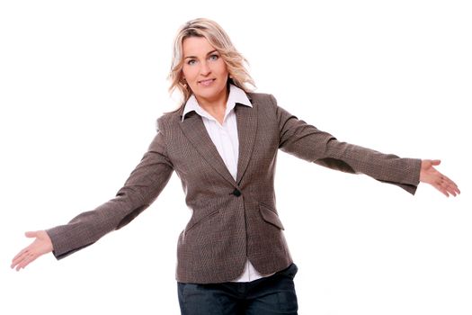 Portrait of 40 years old woman in office suit isolated on a white