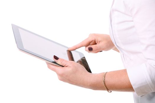 closeup of tablet pc in woman hands isolated on a white