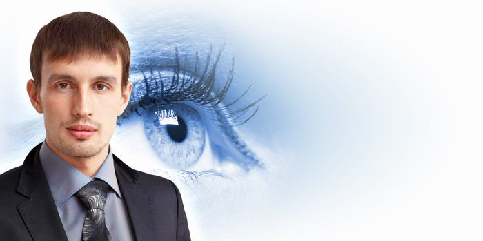 The Human eye on white background with man