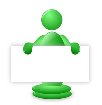 A green 3d character holding a blank poster board with space to put a message or announcement