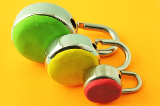 Multiple levels of security depicted with color coded padlocks on a yellow background