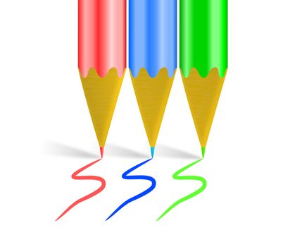 An illustration of RBG color scheme with three shiny pencil crayons.