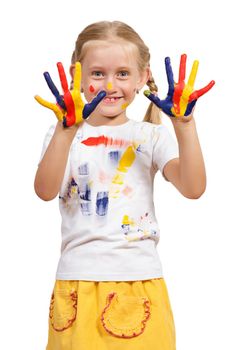 girl with painted hands, draw hands, isolated on white background