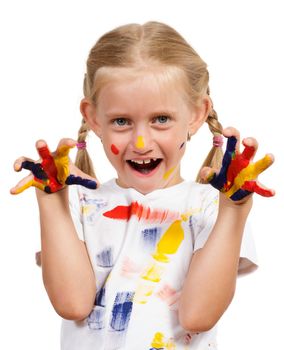 girl with painted hands, draw hands, isolated on white background