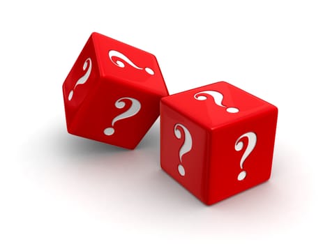 Photo-real illustration of two red dice engraved with question mark symbols on white background.