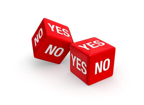 Photo-real illustration of Two red dice NO and YES embossed on all sides.  Isolated on white background.