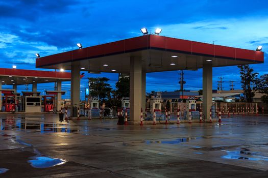 View of gas station in the evening.