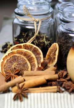 Seasonal composition tea, cinnamon sticks and dry orange