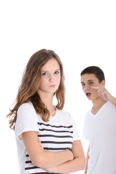 Teenage brother and sister arguing with the girl looking angry and fed up while the boy admonishes her pointing an accusatory finger