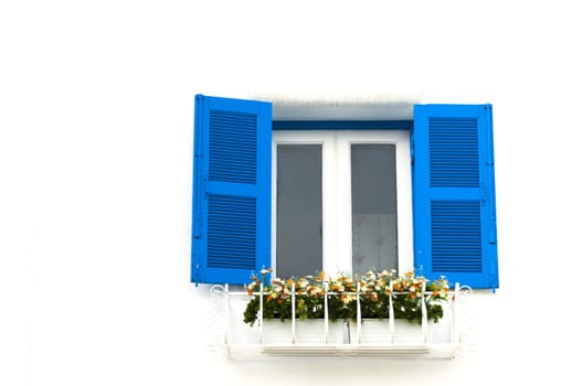 blue window on a white wall with flower decoration