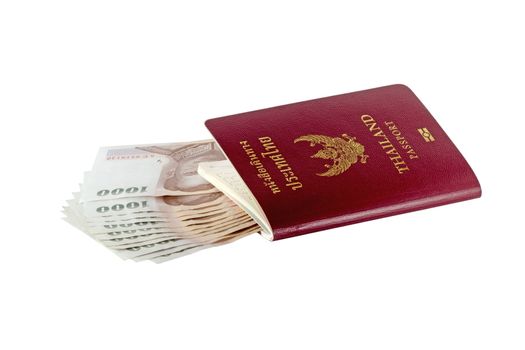 Thai money and passport isolated on white background.
