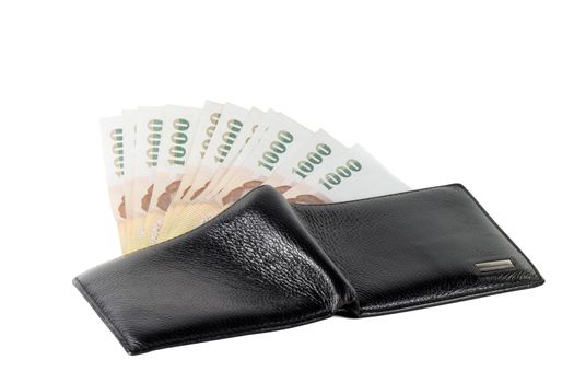 thai money banknotes and black wallet isolated on white background.