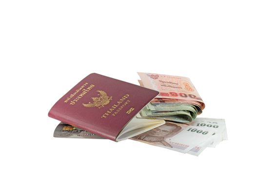 Thailand passport and money isolated on white blackground.