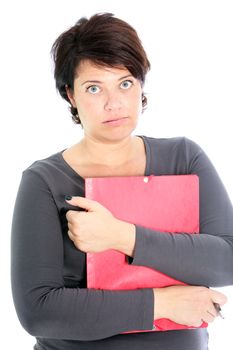 Studio portrait over white of an overworked woman clutching paperwork, with an exasperated expression on her face