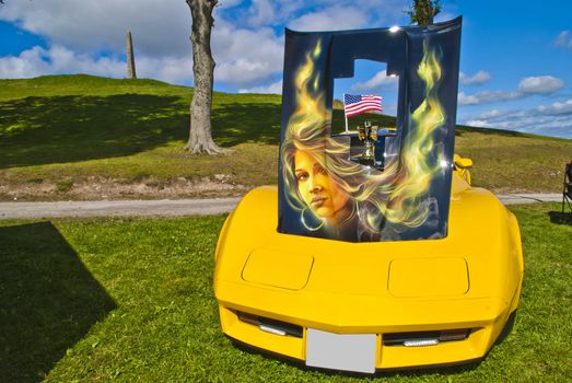 photo of decorated chevrolet corvette is shot on fredriksten fortress in halden at the annual amcar meeting