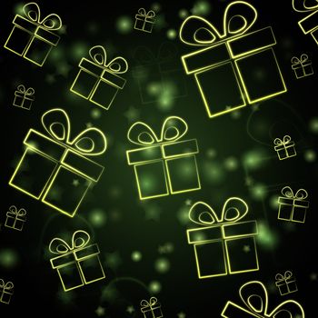 abstract green background with illustrated golden presents boxes, christmas card