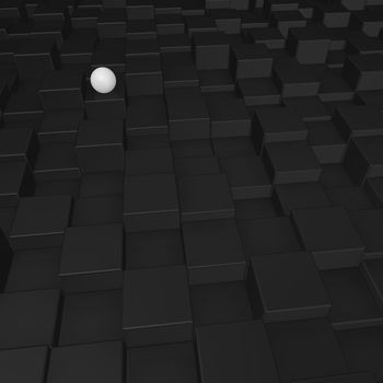 white sphere on black cubes surface - 3d illustration