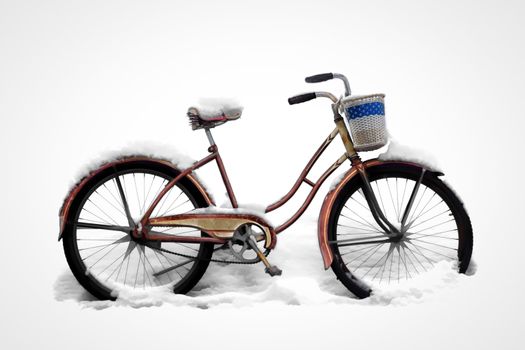 An Old Bicycle is Parked in Heavy Snow