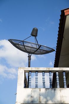 the satelite dish of cable tv for home use on the roof of building