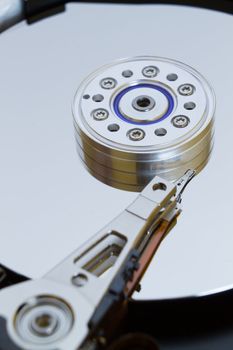 Close up of modern opened hard disk drive