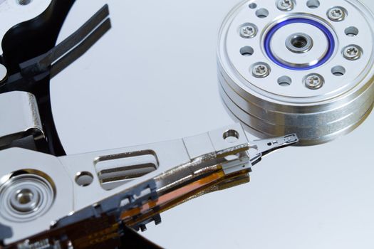 Close up of modern opened hard disk drive