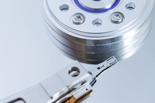 Close up of modern opened hard disk drive