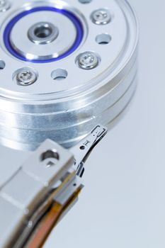 Close up of modern opened hard disk drive