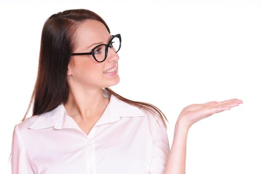 woman in glasses outstraching her hand for presenting something