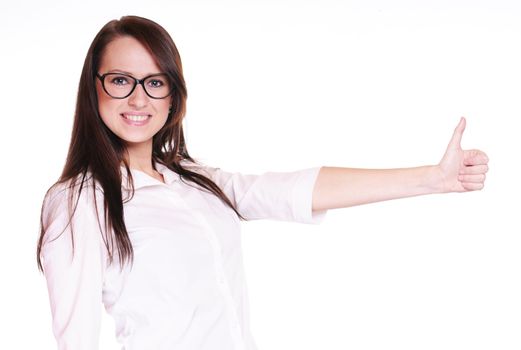 Happy smiling business woman with thumb up gesture