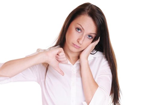 Young pretty office woman with thumb one hand down