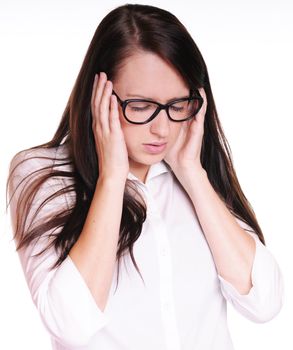 Portrait of a young secretary experiencing a headache. Isolated on white background