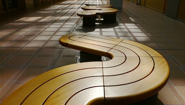 row of modern benches in hall interior, Japan