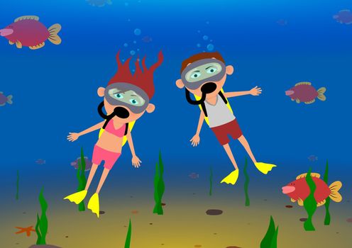 illustration of two characters scuba diving